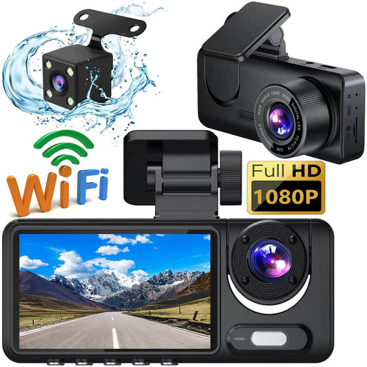 Dash Cam, 3 Channel Dash Cams Front and Rear Inside,1080P Full HD 130 Deg Wide Angle Dashboard Camera, Built-In Wifi GPS Voice Control, Night Vision, WDR, Accident Lock, Loop Recording